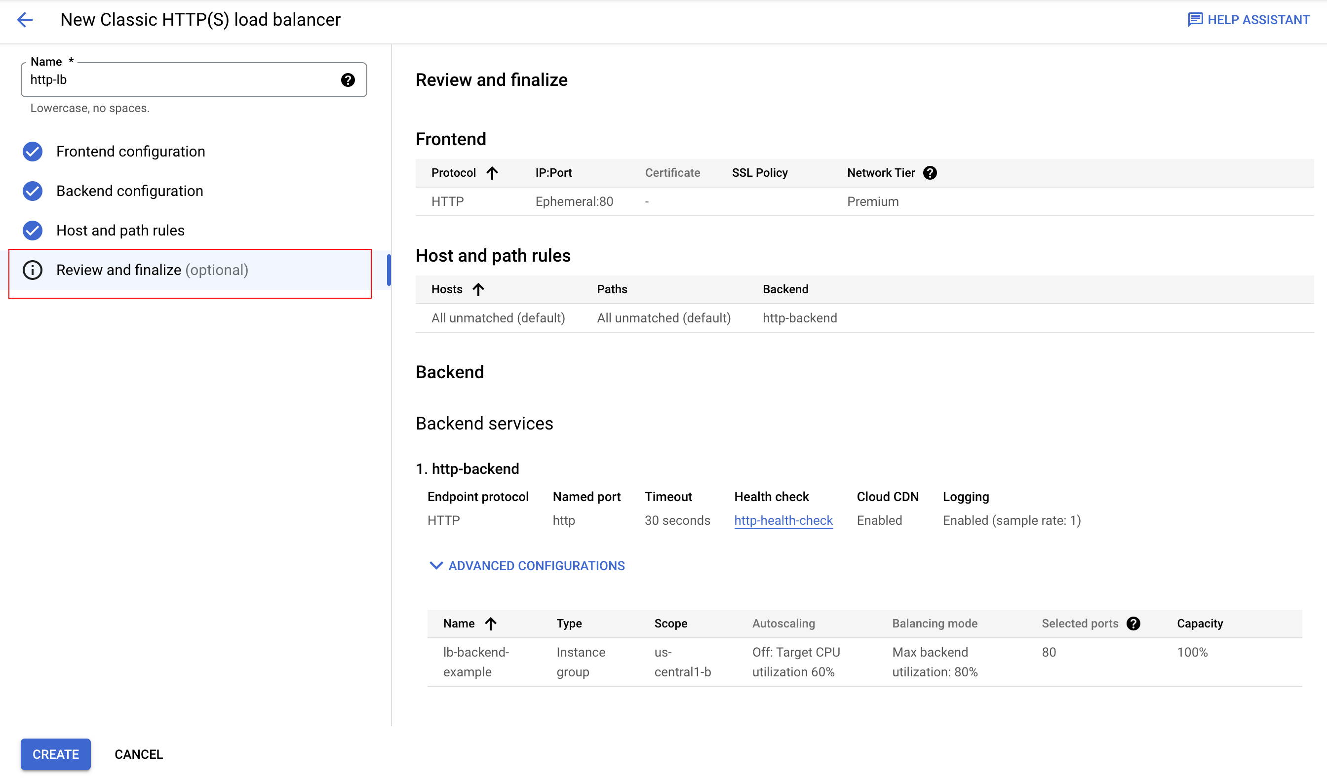 Load Balancer review and finalize page, which includes information in several categories, such as host and path rules, and backend services