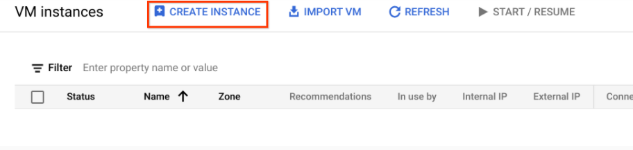 The Create Instance button highlighted on the VM instances page