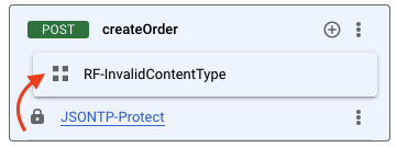 Flow: createOrder pane, with red arrow indicating where the RaiseFault policy needs to be dragged