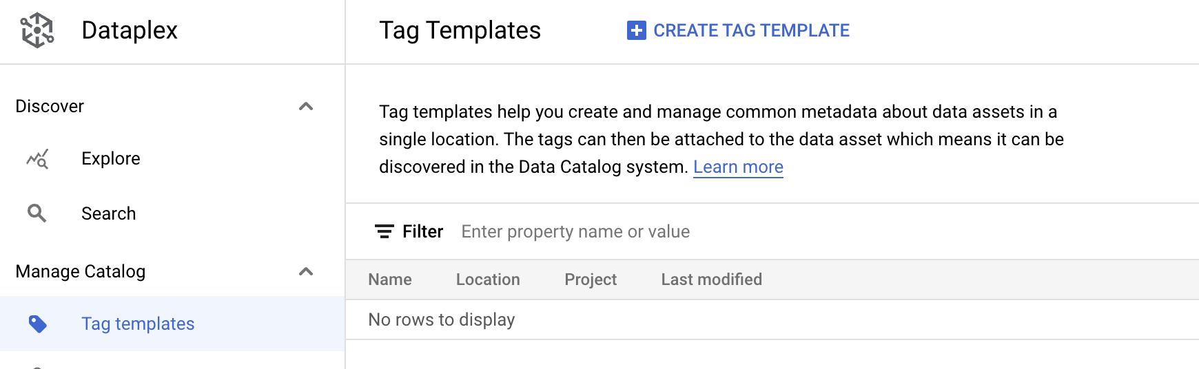 The Data Catalog pane, wherein the tag templates option is highlighted, along with the Create template button.