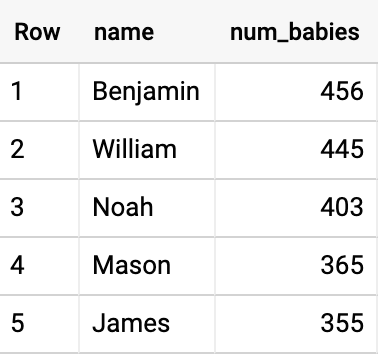 Row、name、num_babies という見出しの下に 5 行のデータがある 3 列のテーブル