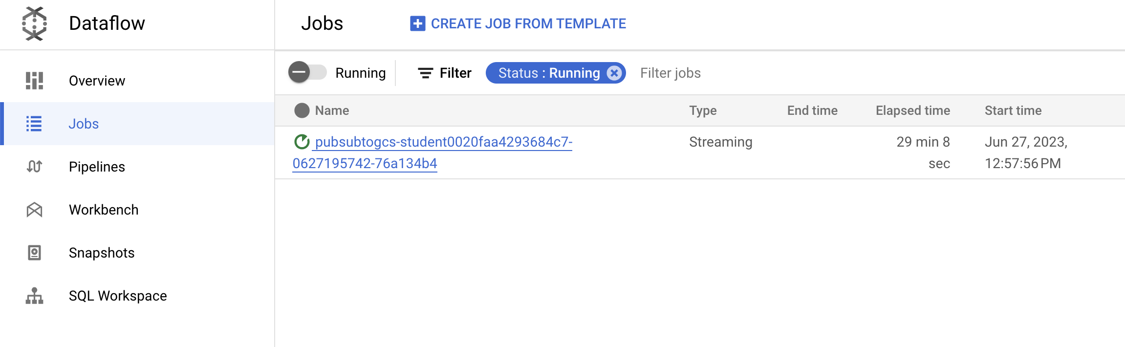 Dataflow page displaying the information of the pubsubtogcs 0815172250-75a99ab8 job