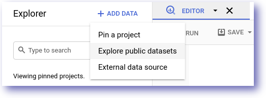 Expanded +Add Data dropdown menu with Explore public datasets selected