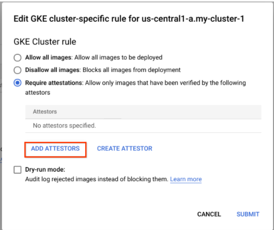 「us-central1-a.my-cluster-1 に関する GKE クラスタ固有のルールの編集」ダイアログ ボックス