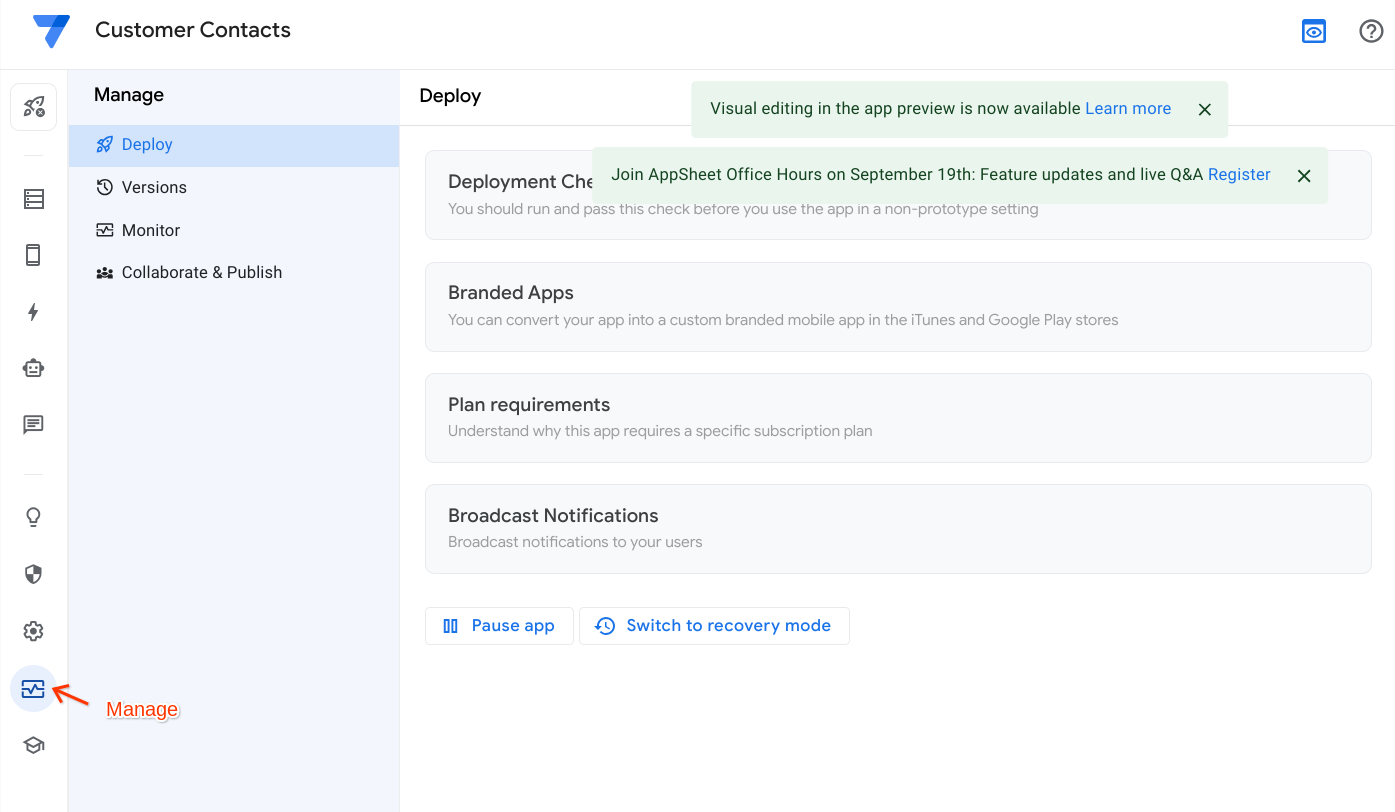 Deployment Check section of the AppSheet UI.