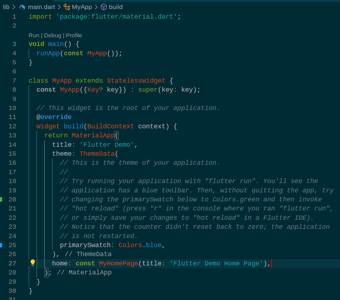 The following line of code highlighted on the build page: home: const MyHomePage(title: 'Flutter Demo Home Page