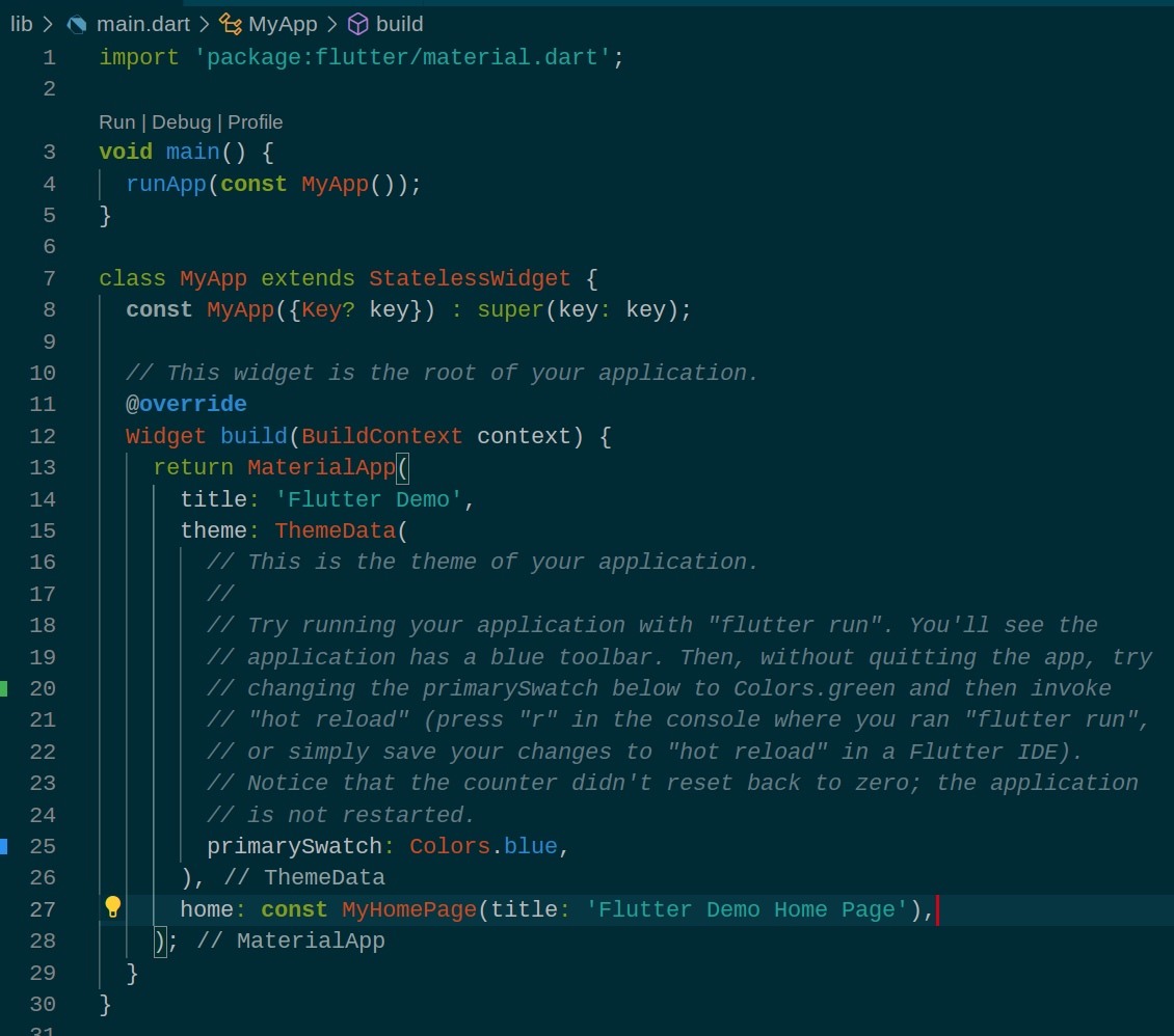 The following line of code highlighted on the build page: home: const MyHomePage(title: 'Flutter Demo Home Page'),