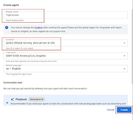 Create agent window, with display name and location fields completed