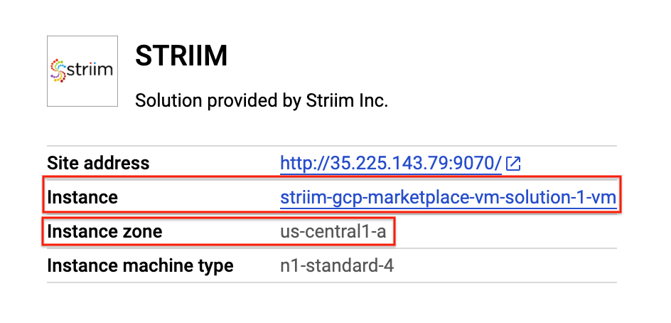 The Striim page, which includes the highlighted instance URL and instance zone.
