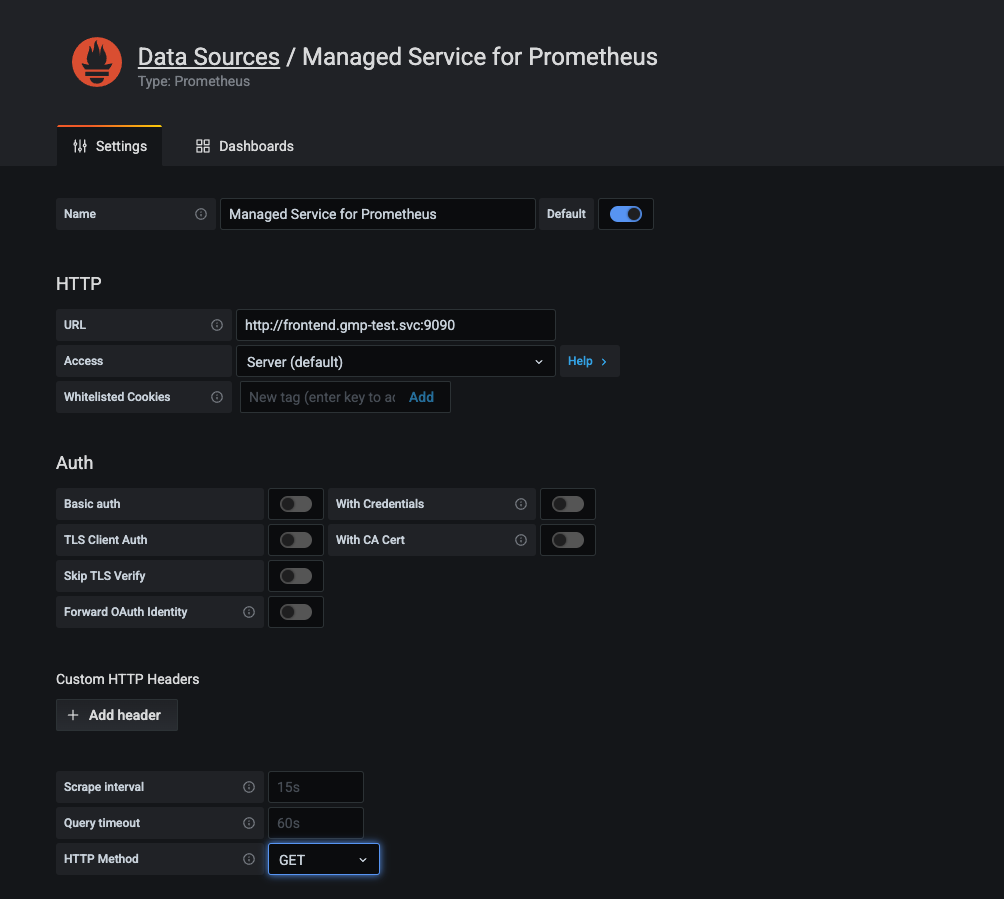 The Data Sources/Managed Service for Prometheus page