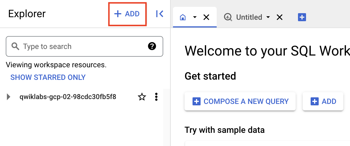 BigQuery Explorer page with green rectangle around the +Add Data button