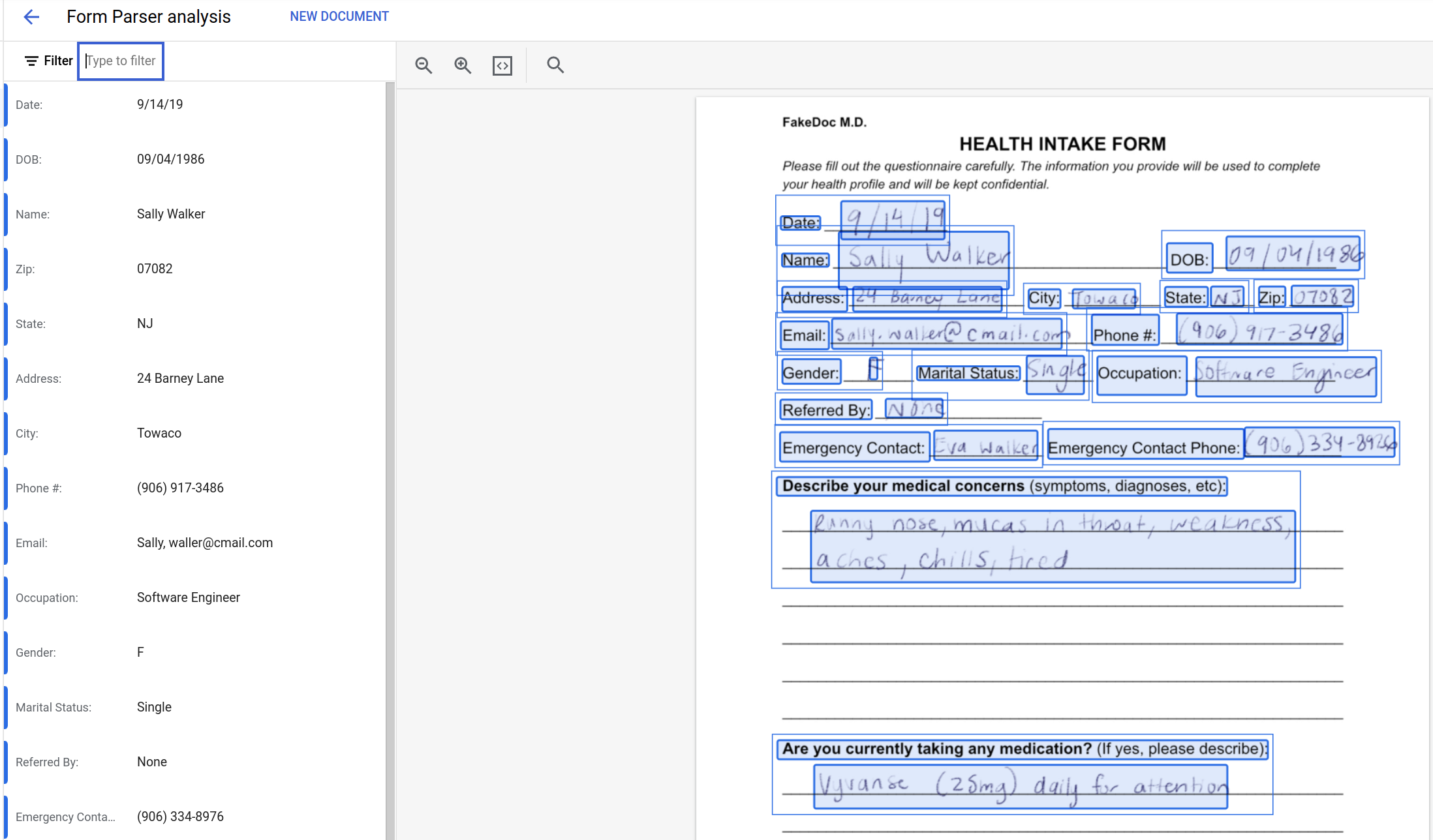 Parser analysis, the resulting data in the left pane