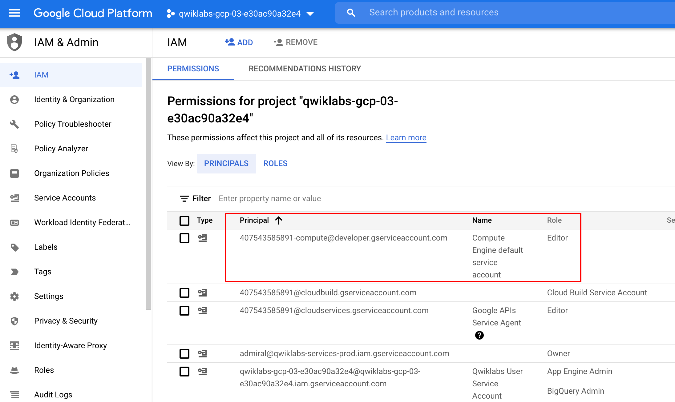 Cuenta de servicio de Compute predeterminada