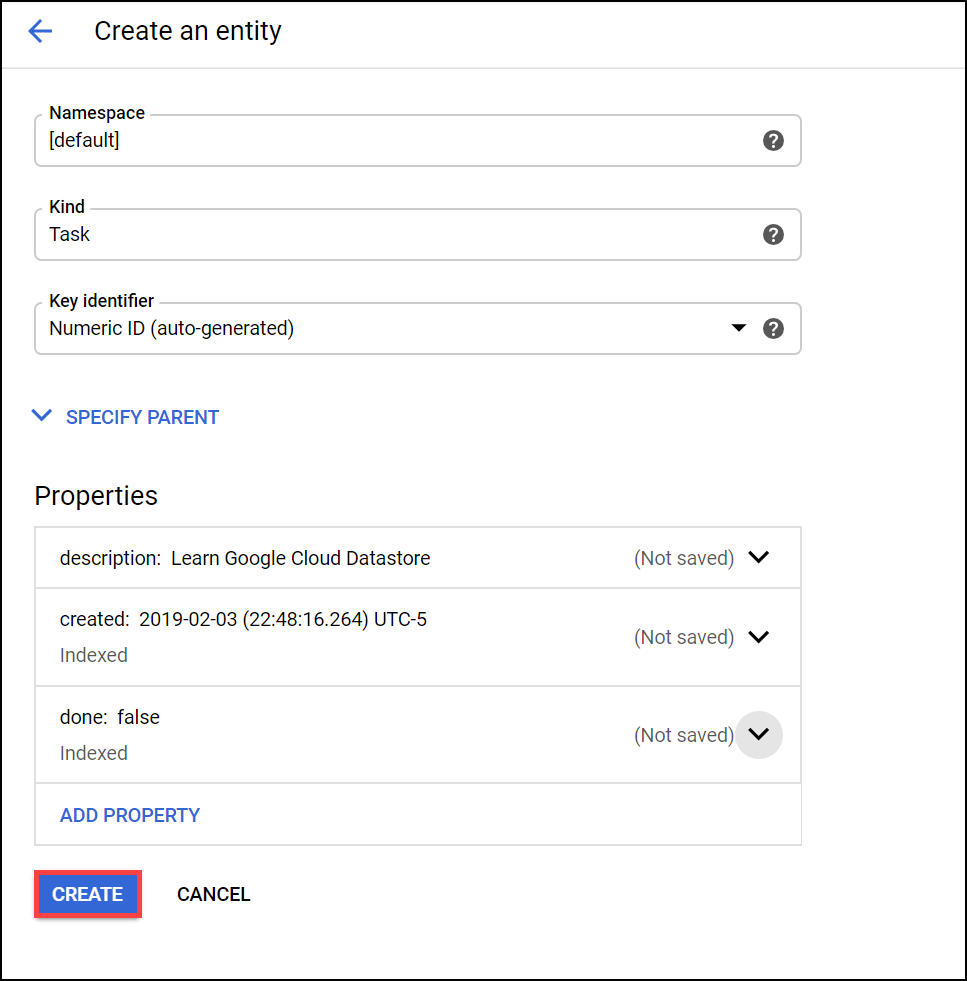 The Create an entity page, with the Create button highlighted below the entity details.