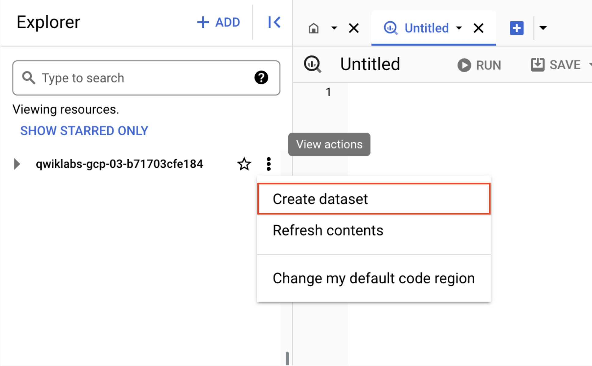 Create dataset option highlighted