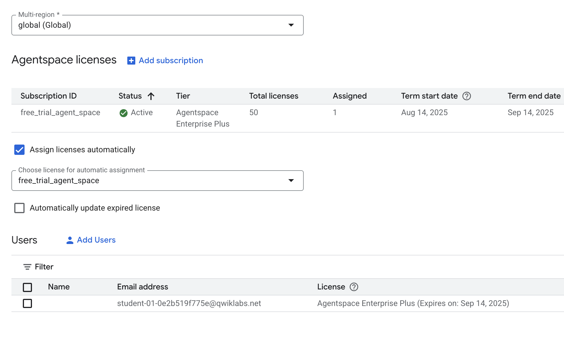 photo of the agentspace licenses added to the student user