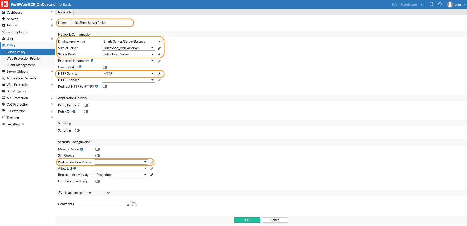 FortiWeb Policy Web Protection Profile