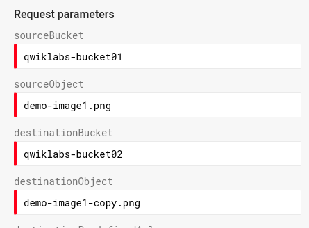 ステップ 2 の箇条書きが表示されている [Request parameters] ダイアログ