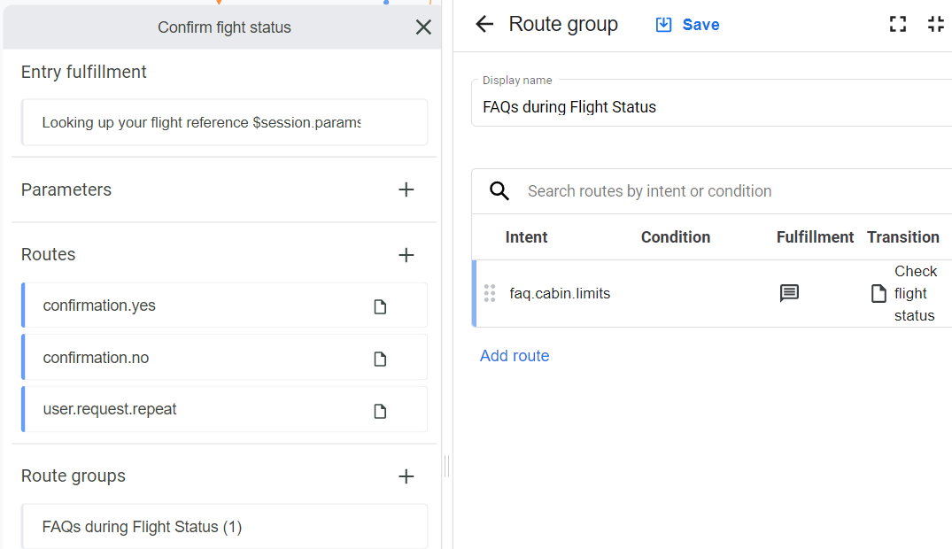 The Route group tabbed page displaying the Display name and search parameters such as intent, condition, fulfillment, and transition