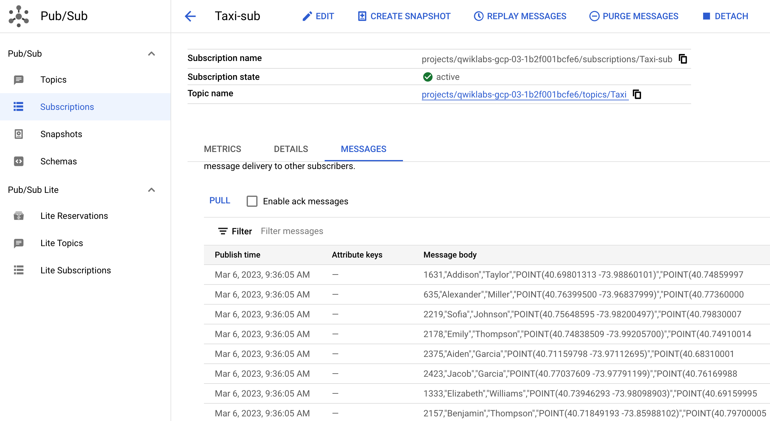 pubsub subscription messages pulled