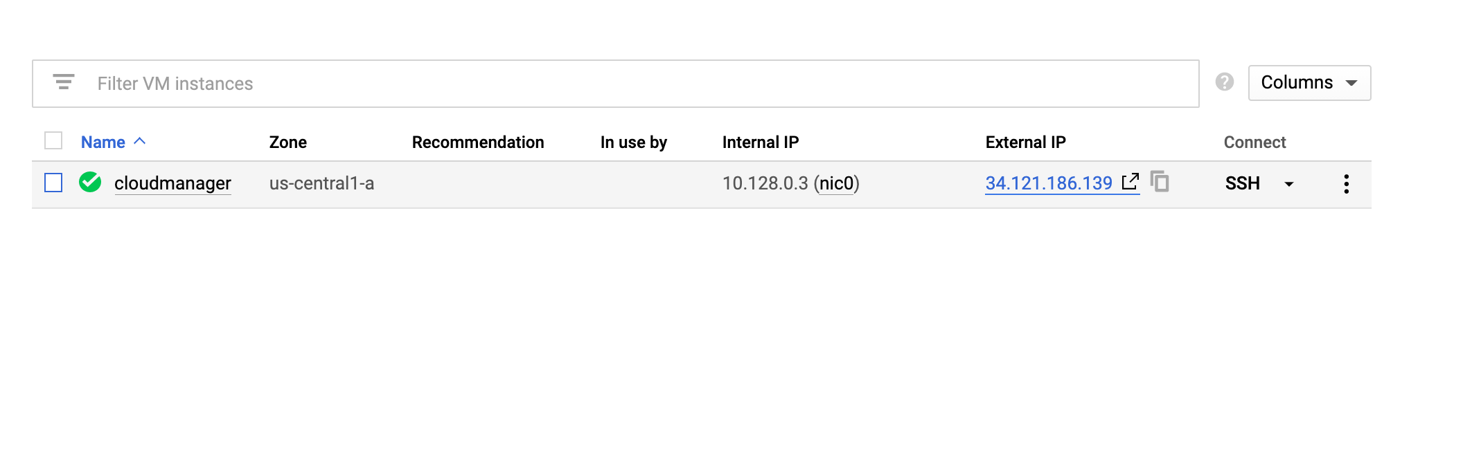 The cloudmanager instance listed on the VM instances page