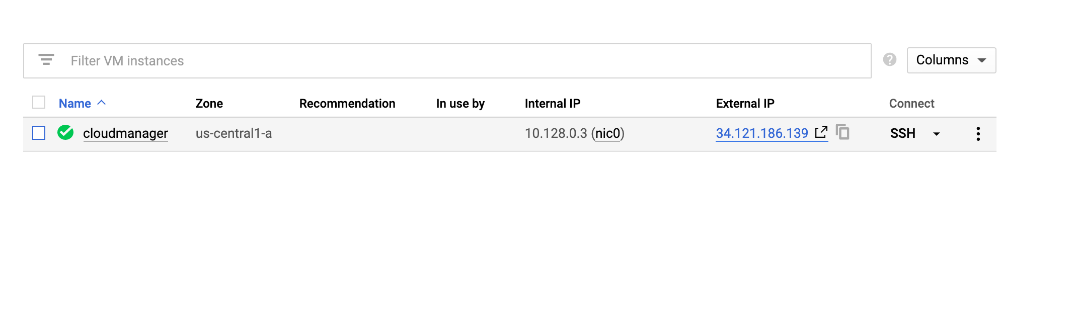 cloudmanager VM with checkmark alongside it