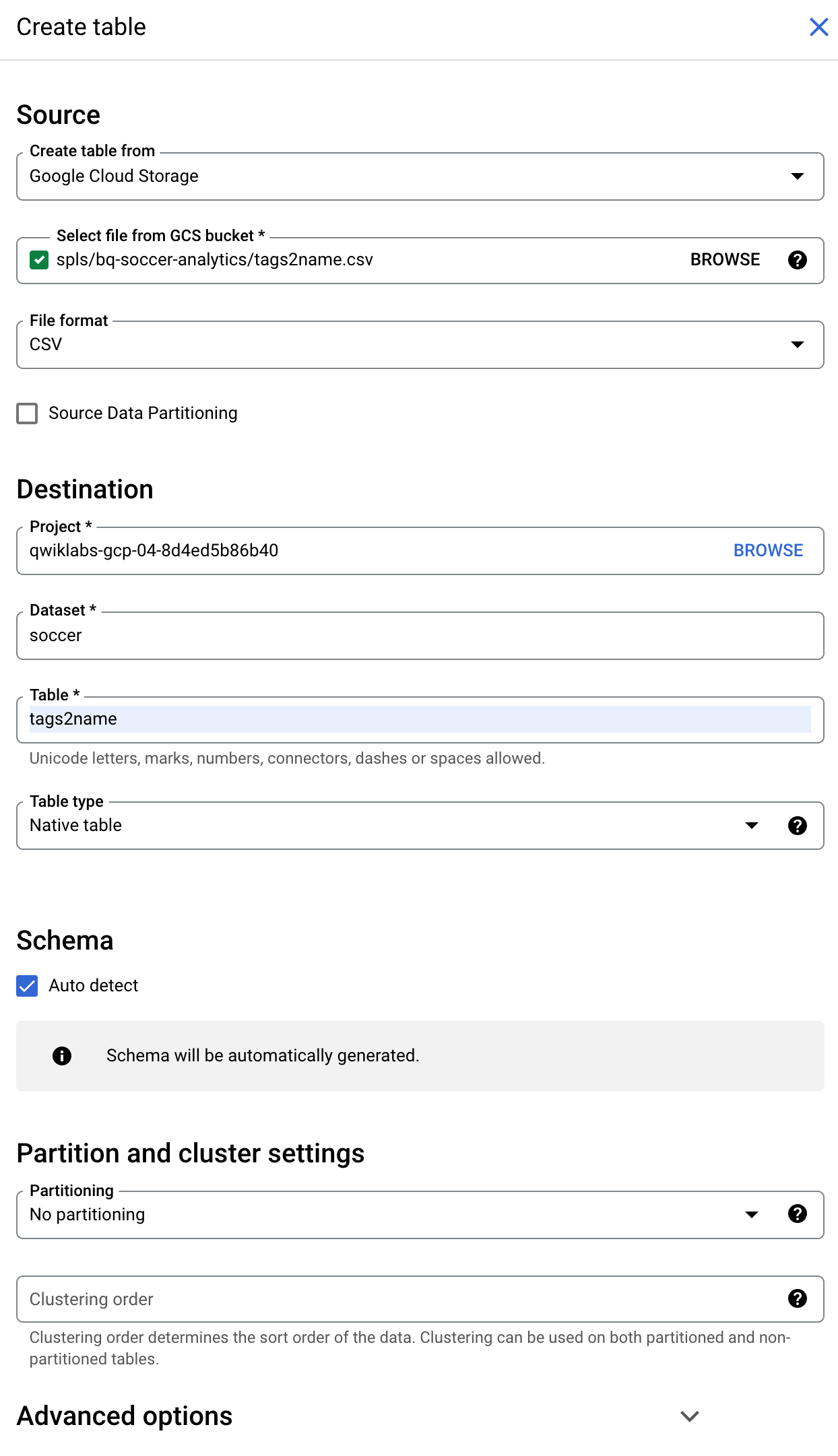 Create table screen with Source, Destination, and Schema sections.