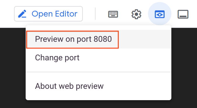 Option &quot;Prévisualiser sur le port 8080&quot; encadrée