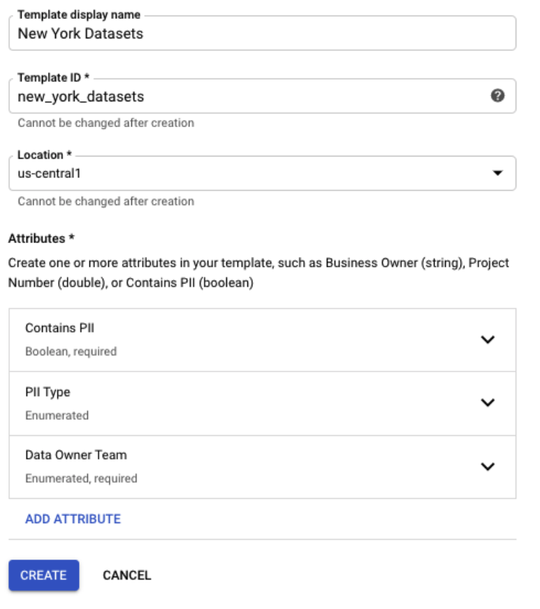 Example Data Catalog tag template