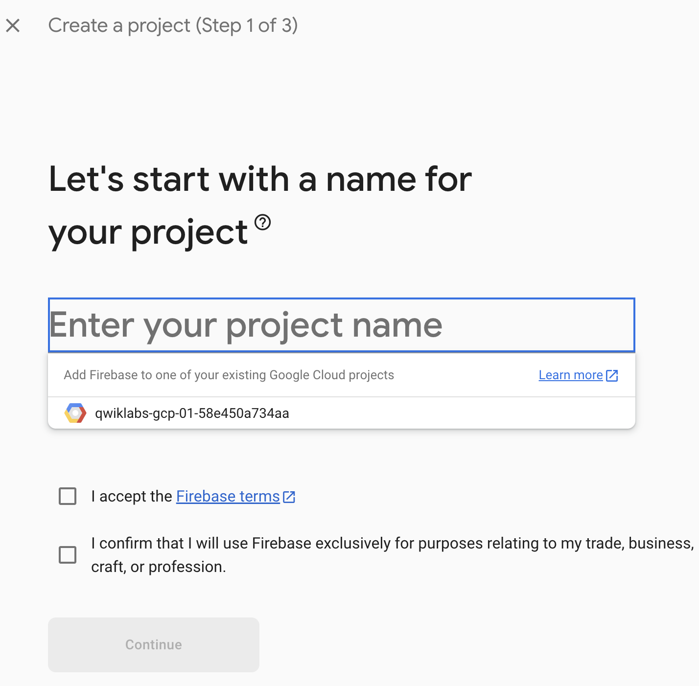 Enter your project name field