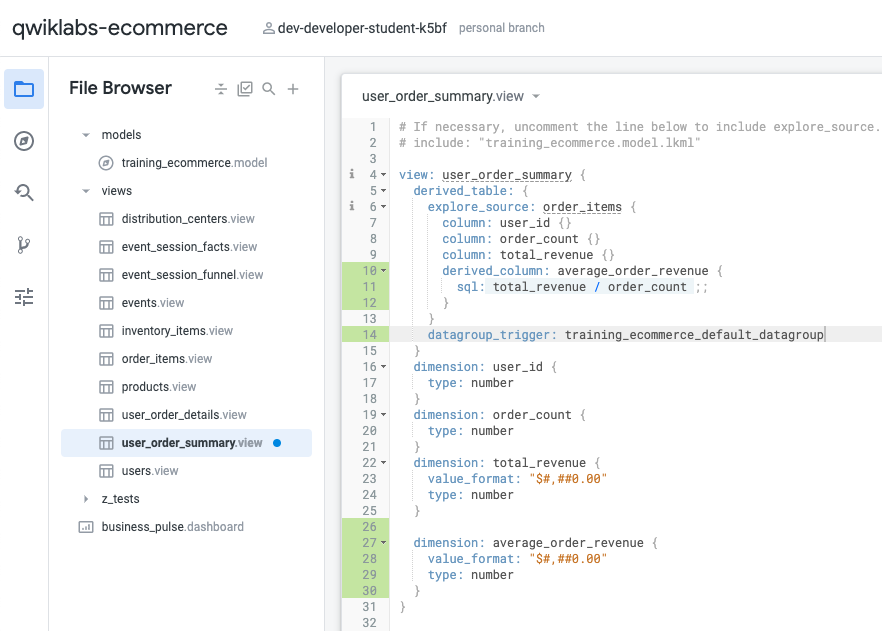 Code for the user_order_summary.veiw file
