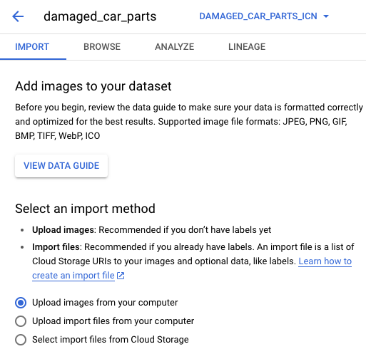 Options for Select an import method listed for dataset named damaged_car_parts