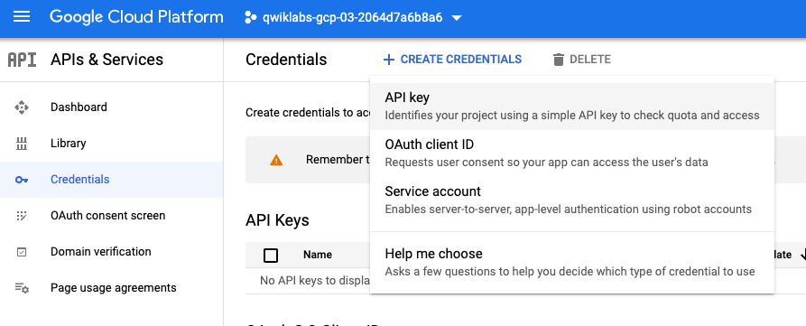 Create credential drop-down menu.