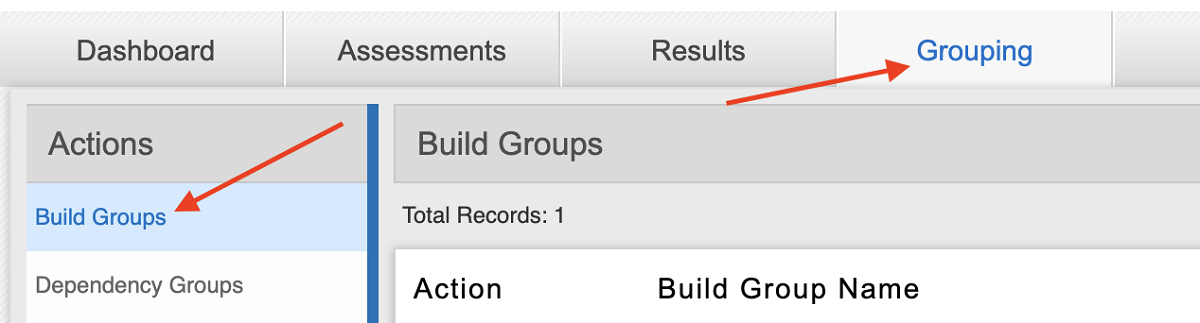The Grouping tabbed page, wherein the option Build Groups is highlighted within the Actions sub-menu.