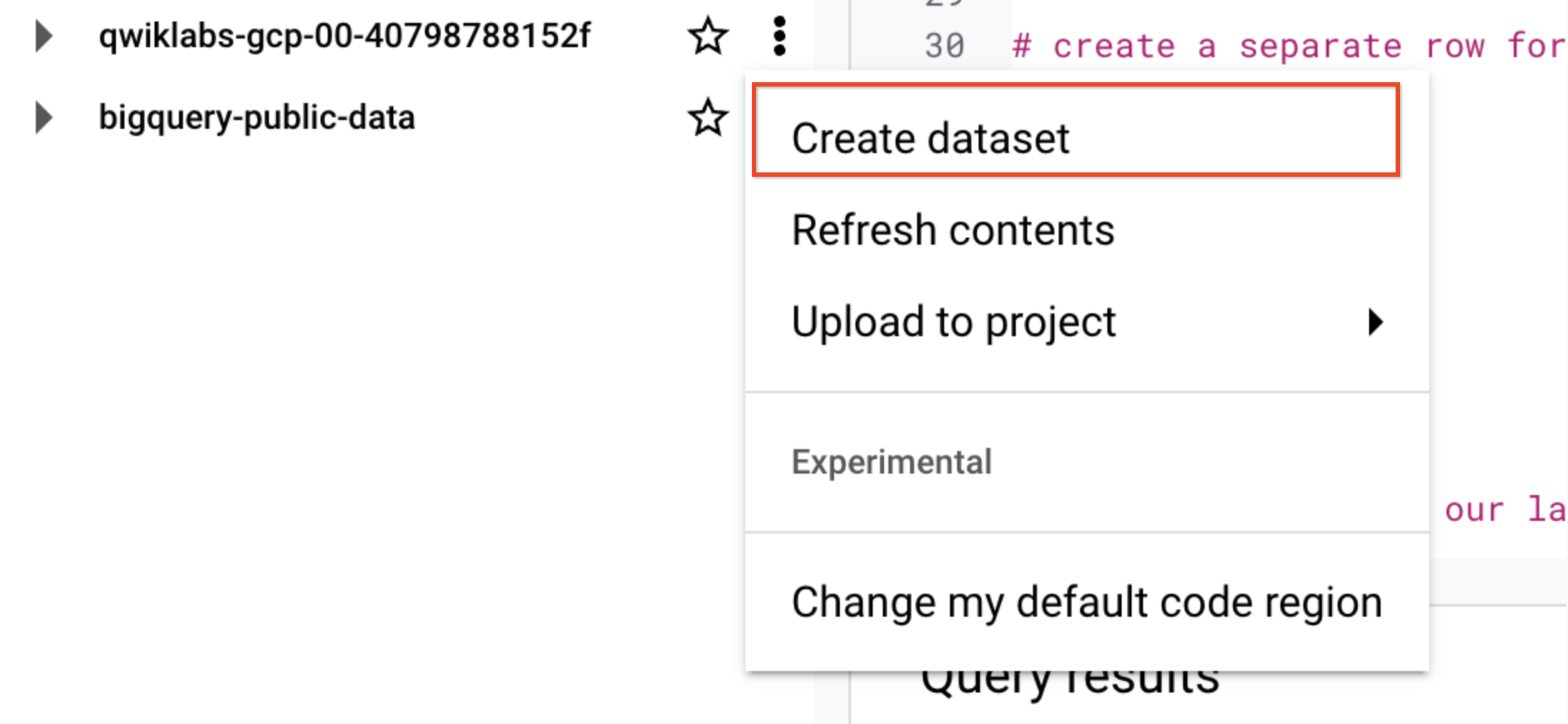 Explorer tab displaying the create dataset menu option