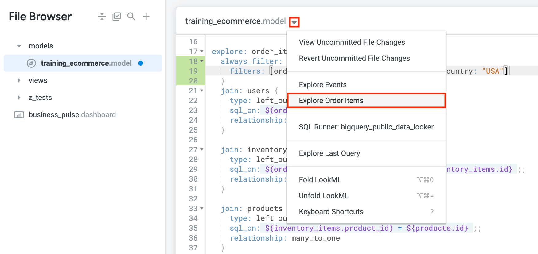 The option 'Explore Order Items' highlighted within the training_ecommerce.model file's drop-down menu.