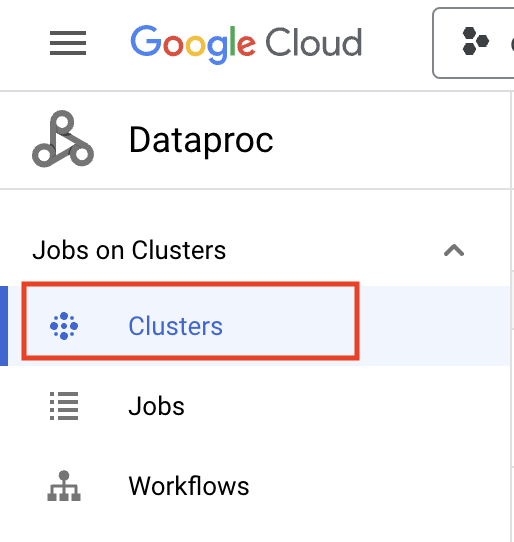 The Cloud Dataproc menu with the Clusters option highlighted