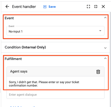 Event handler page with Event handler and Fulfillment options highlighted 