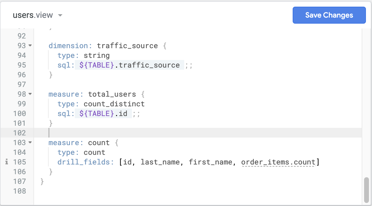 The users_view file, which includes the aforementioned measure: count snippet.