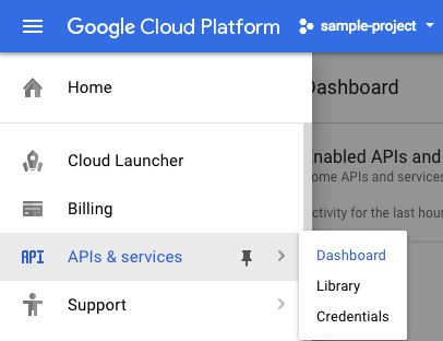 The navigation menu and the APIs and services submenu option expanded, with Dashboard selected.