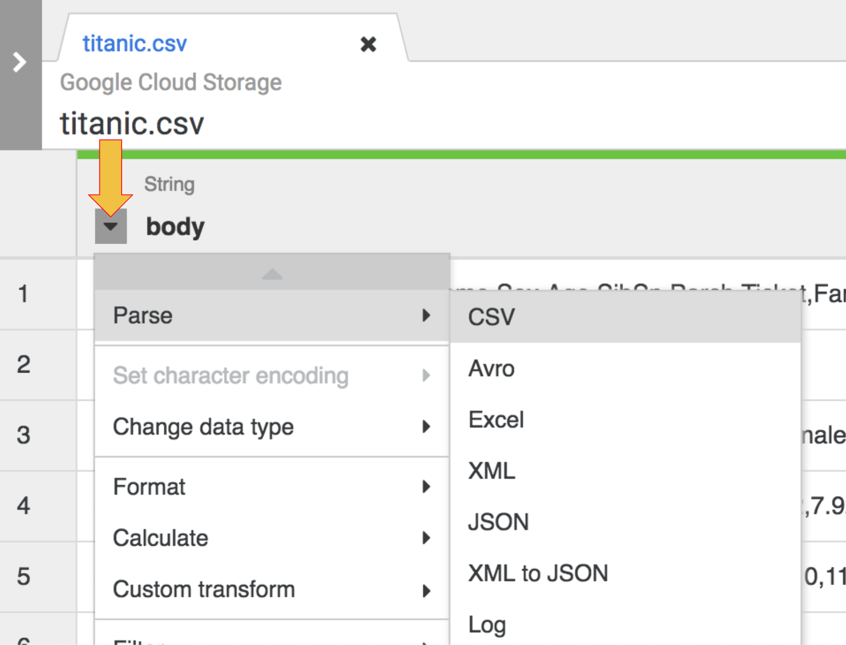 Google Cloud storage parse > CSV menu selection