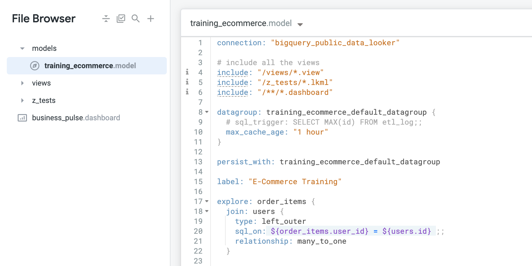 The training_ecommerce model opened, displaying several rows of data.
