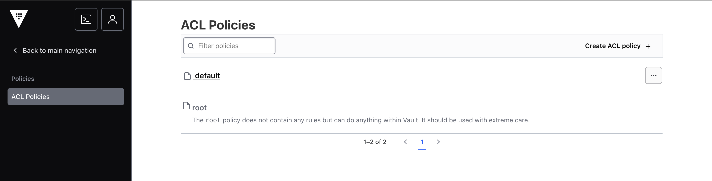 ACL Policies page, which lists the two ACL policies.
