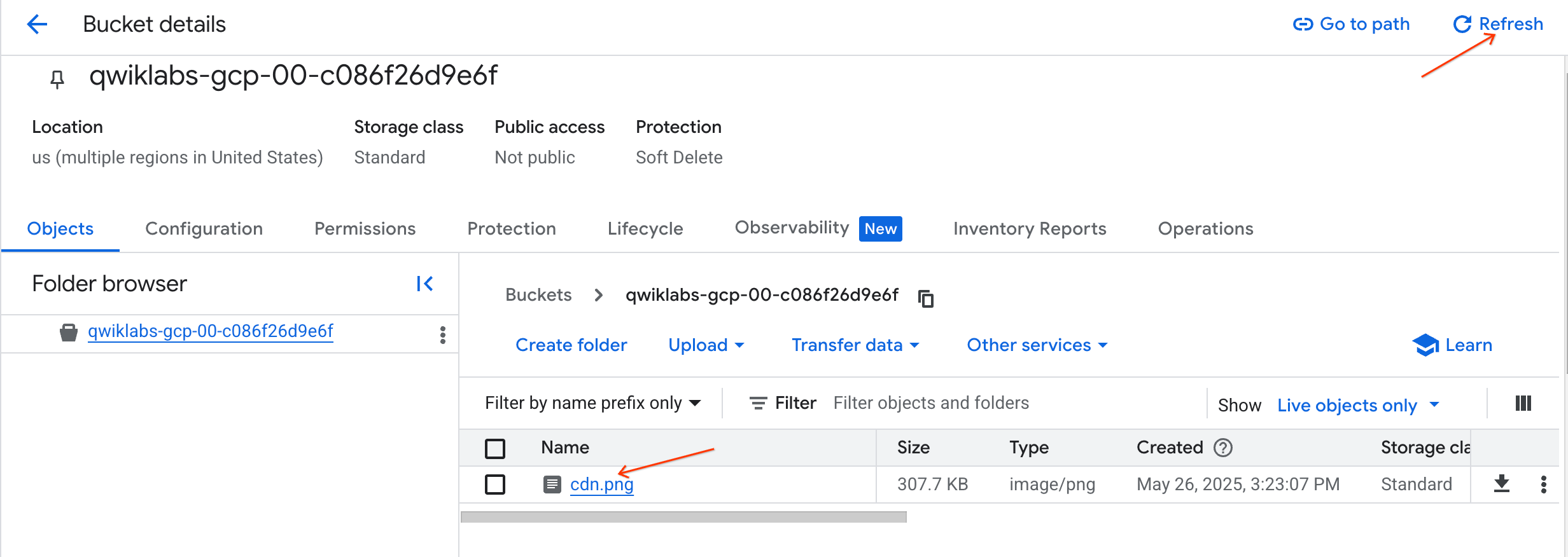 refresh button and cdn.png file copied into bucket highlighted