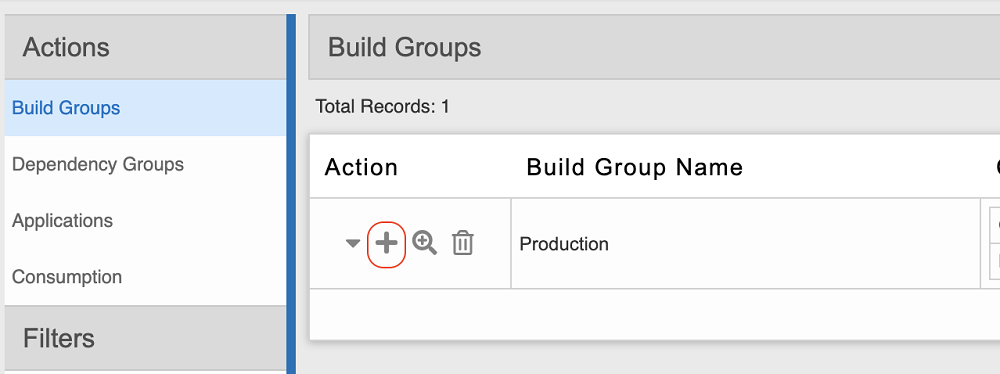 The Build Groups page, wherein the Add button is highlighted within the Production group's Action menu.