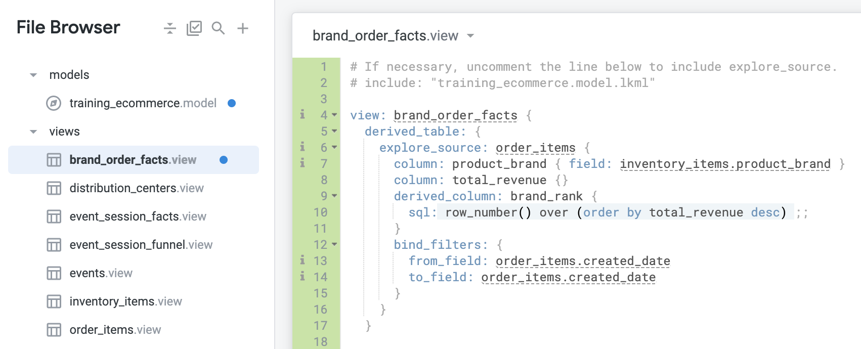 File browser page showing brand_order_facts.view code