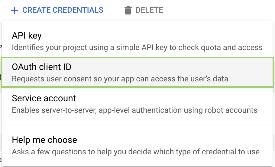 The expanded Create Credentials menu displaying the selected OAuth Client ID option