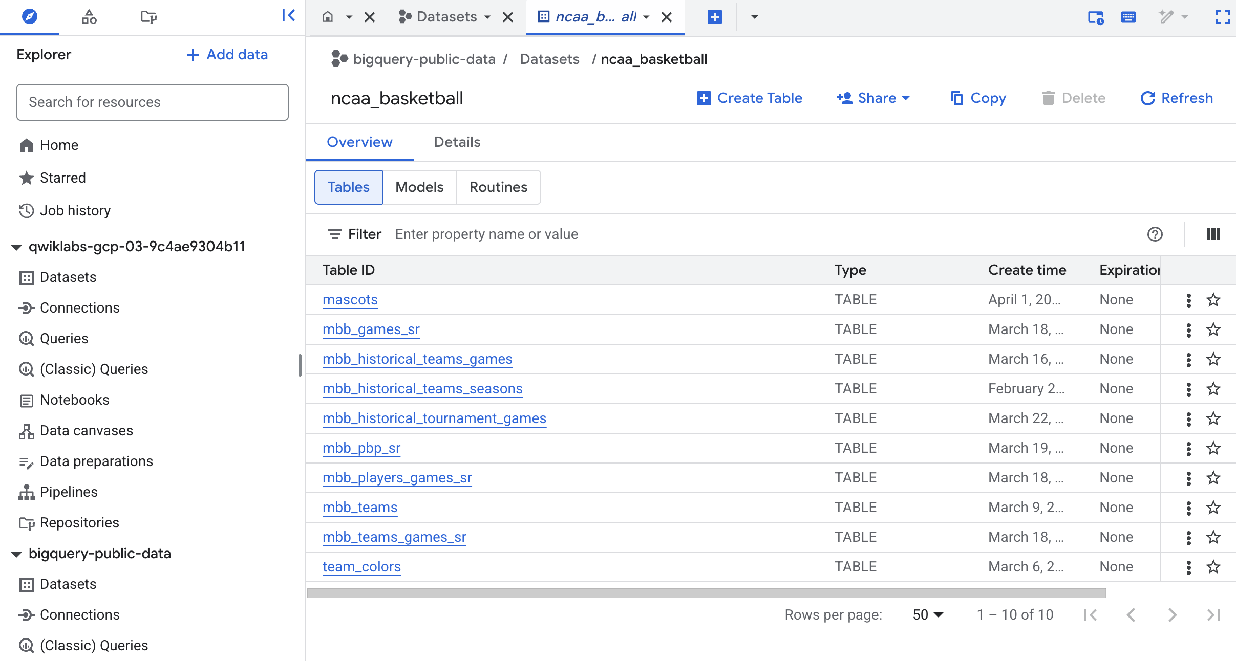 Explorer panel with ncaa_basketball dataset highlighted and various tables listed below the dataset