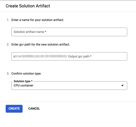 Create Solution Artifact page