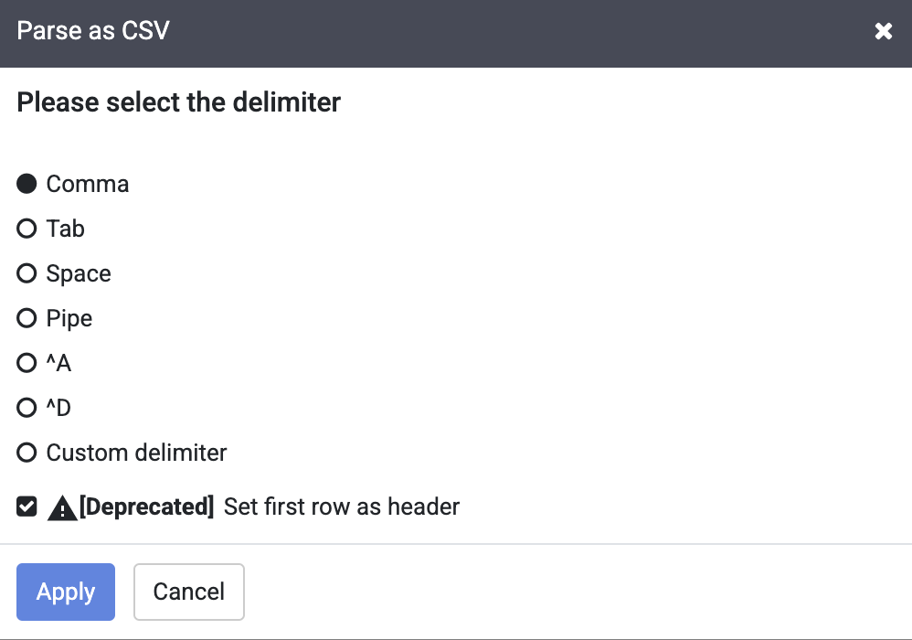 Parse as CSV dialog